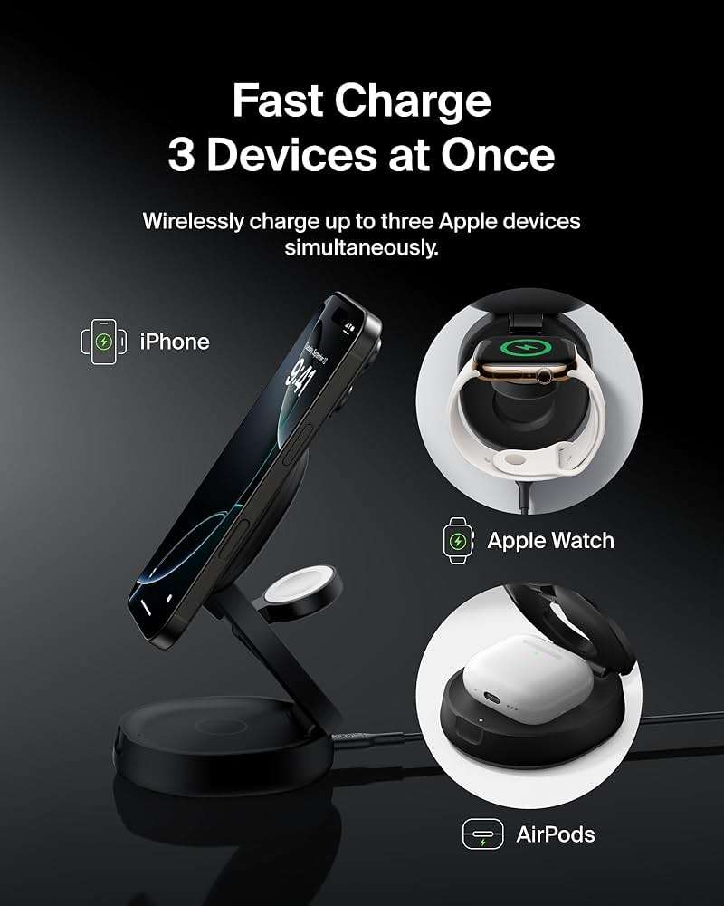 Belkin MagSafe Charger Compatible, 3-in-1 Qi2 15W Wireless Charging Station, Convertible Wireless Charger for iPhone 17, Apple Watch, AirPods, Pixel 10, Phone Stand for Travel w/ 36W Adapter - Black - Image 2