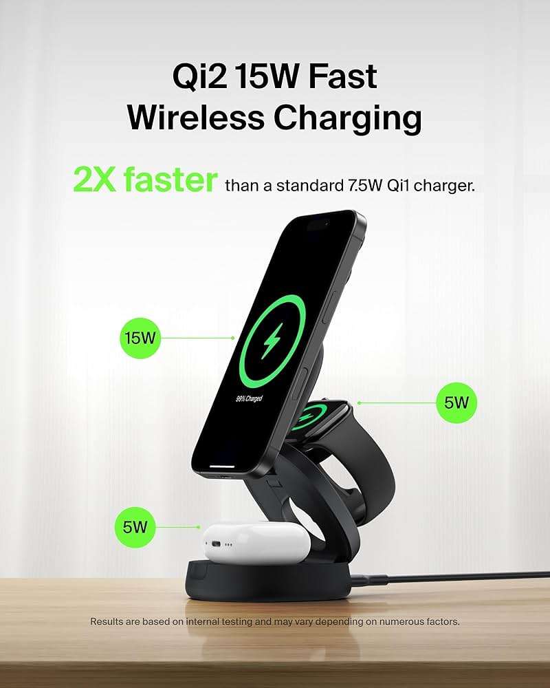 Belkin MagSafe Charger Compatible, 3-in-1 Qi2 15W Wireless Charging Station, Convertible Wireless Charger for iPhone 17, Apple Watch, AirPods, Pixel 10, Phone Stand for Travel w/ 36W Adapter - Black - Image 3