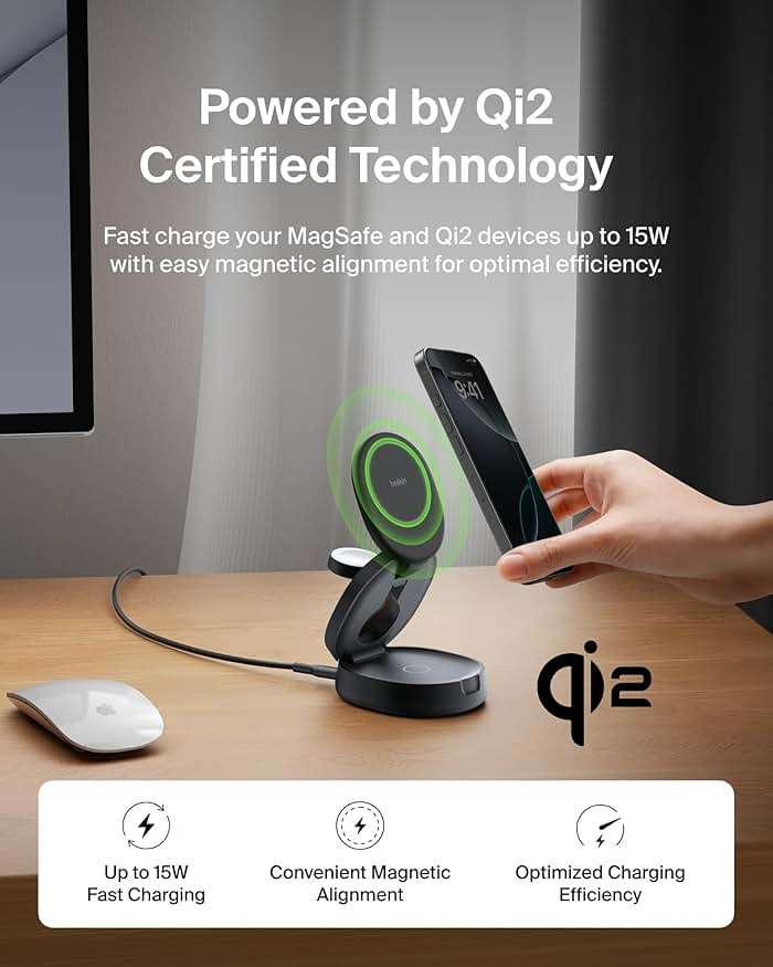 Belkin MagSafe Charger Compatible, 3-in-1 Qi2 15W Wireless Charging Station, Convertible Wireless Charger for iPhone 17, Apple Watch, AirPods, Pixel 10, Phone Stand for Travel w/ 36W Adapter - Black - Image 4