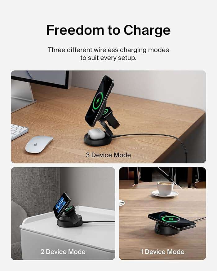Belkin MagSafe Charger Compatible, 3-in-1 Qi2 15W Wireless Charging Station, Convertible Wireless Charger for iPhone 17, Apple Watch, AirPods, Pixel 10, Phone Stand for Travel w/ 36W Adapter - Black - Image 5
