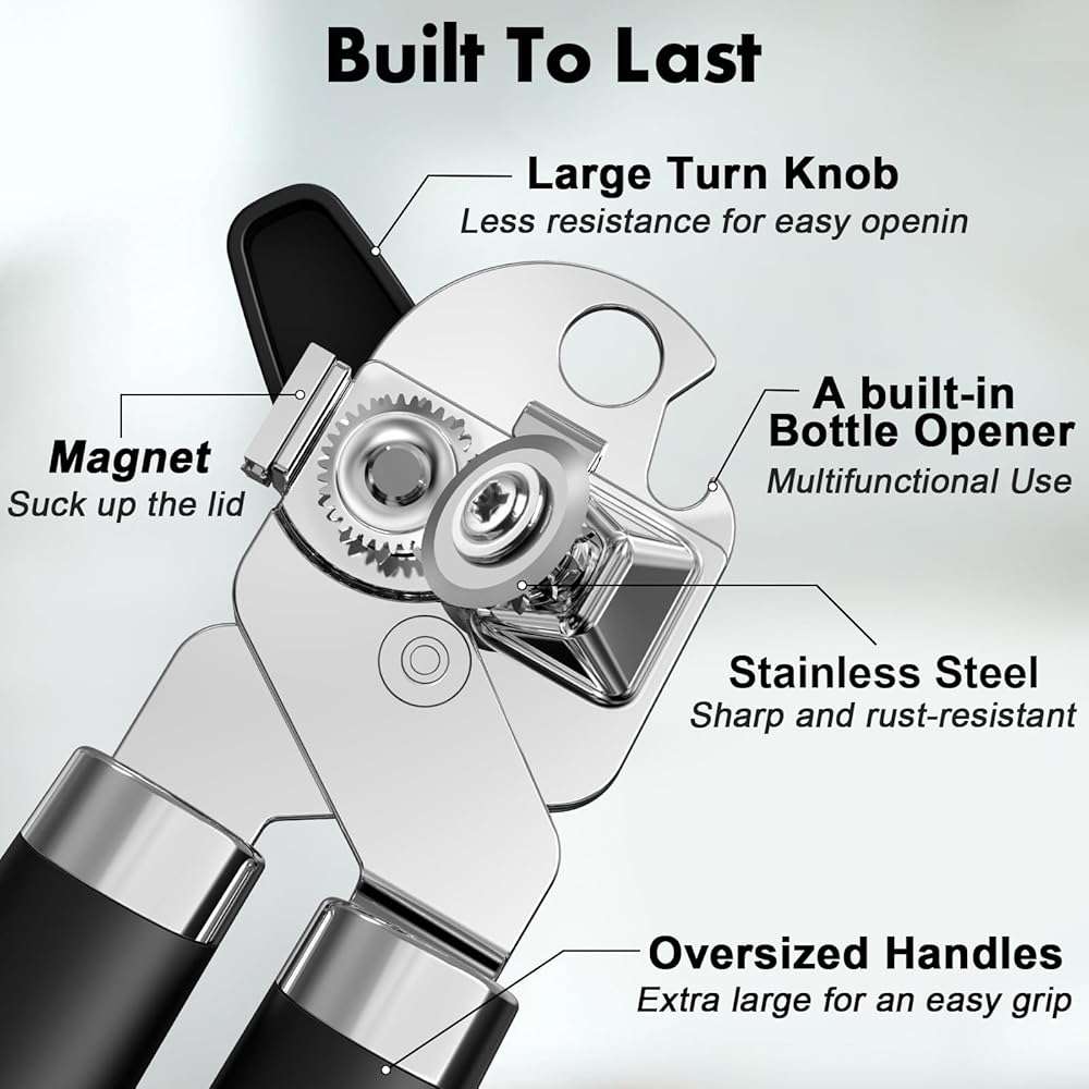 3PCS Can Opener Manual & Bottle Opener & Wine Opener, Smooth Edge Can Openers with Strong Magnet, Heavy Duty Stainless Steel Abrelatas Handheld Waiter Corkscrew - Premium Kitchen Supplies (Black) - Image 5