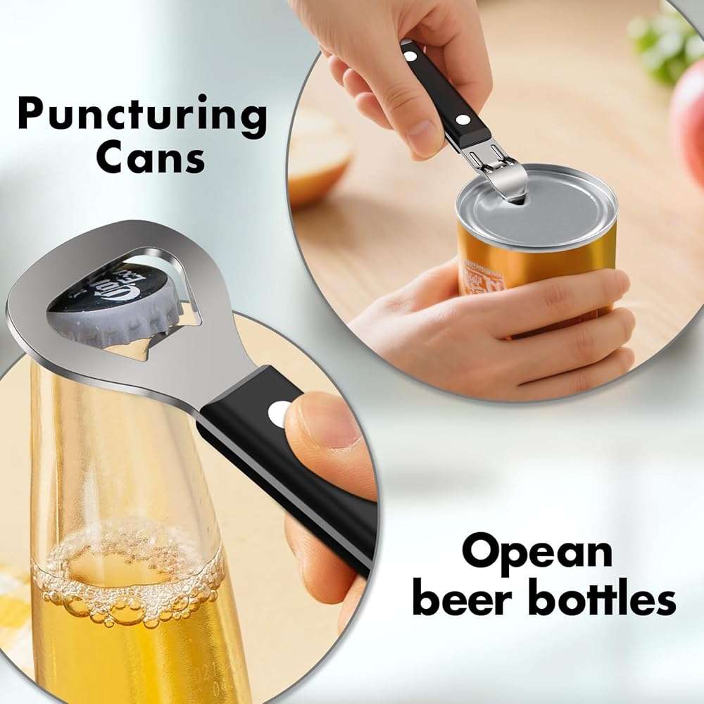 3PCS Can Opener Manual & Bottle Opener & Wine Opener, Smooth Edge Can Openers with Strong Magnet, Heavy Duty Stainless Steel Abrelatas Handheld Waiter Corkscrew - Premium Kitchen Supplies (Black) - Image 6