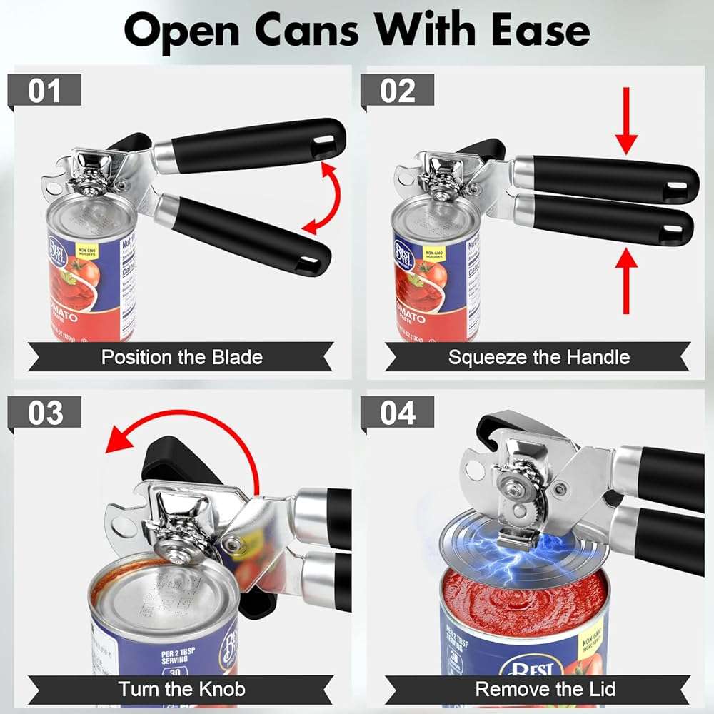 3PCS Can Opener Manual & Bottle Opener & Wine Opener, Smooth Edge Can Openers with Strong Magnet, Heavy Duty Stainless Steel Abrelatas Handheld Waiter Corkscrew - Premium Kitchen Supplies (Black) - Image 7