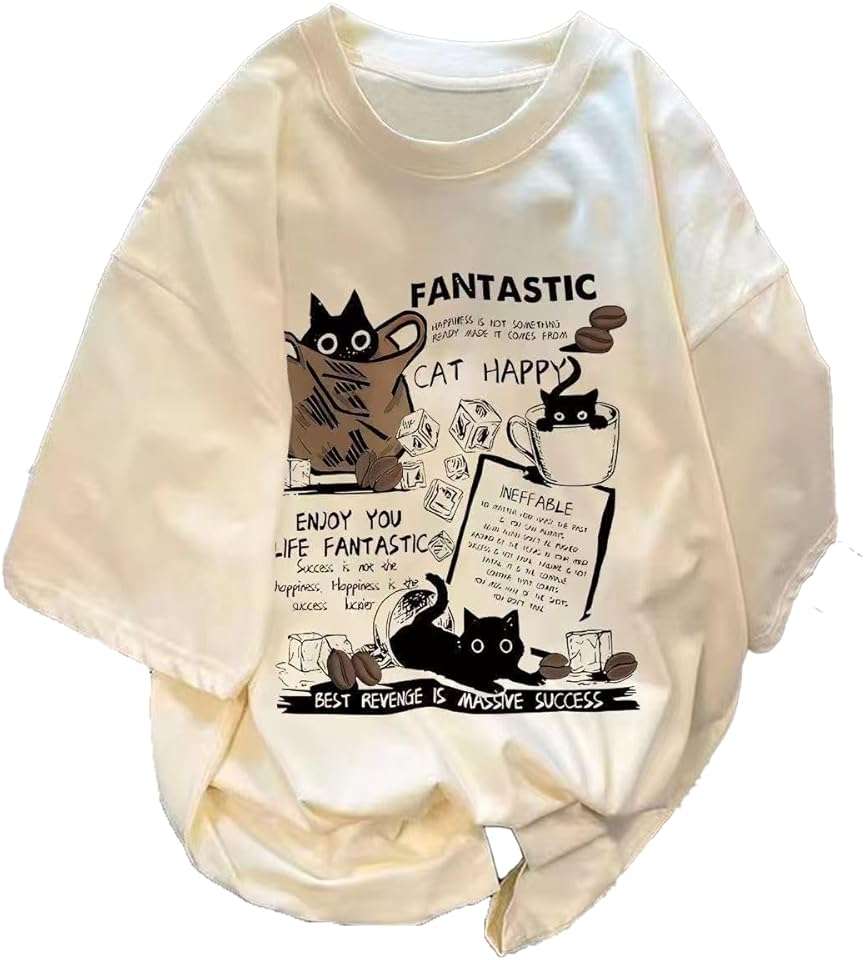 Unisex Y2K Cat Letter Print T-Shirt Harajuku Kawaii Casual Oversize T-Shirts Short Sleeves Cotton Tops - Image 1