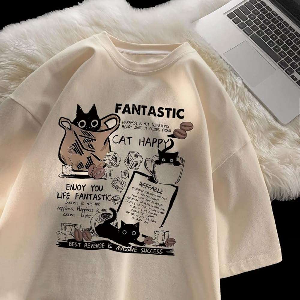 Unisex Y2K Cat Letter Print T-Shirt Harajuku Kawaii Casual Oversize T-Shirts Short Sleeves Cotton Tops - Image 2