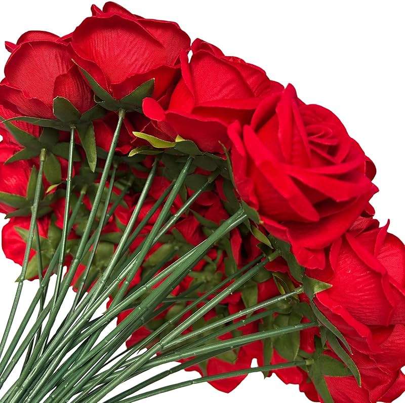 FagusHome 30 Pcs Silk Rose Artificial Flowers Roses Bulk Bouquet Fake Flowers Rose Heads with Stems for Home Wedding Decor (Red) - Image 5
