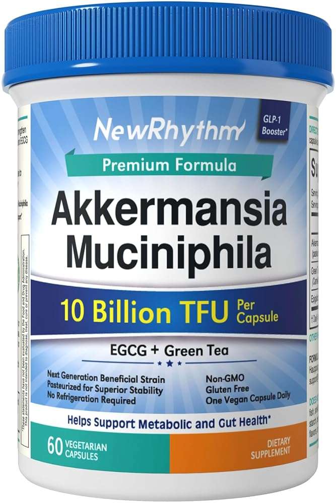 NewRhythm Akkermansia Muciniphila Probiotic, 10 Billion TFU, Pasteurized, Maximum Stability, Green Tea Leaf EGCG, GLP-1 Production, Metabolic Health, Gut, Immunity, for Women & Men, 60 Caps - Image 1