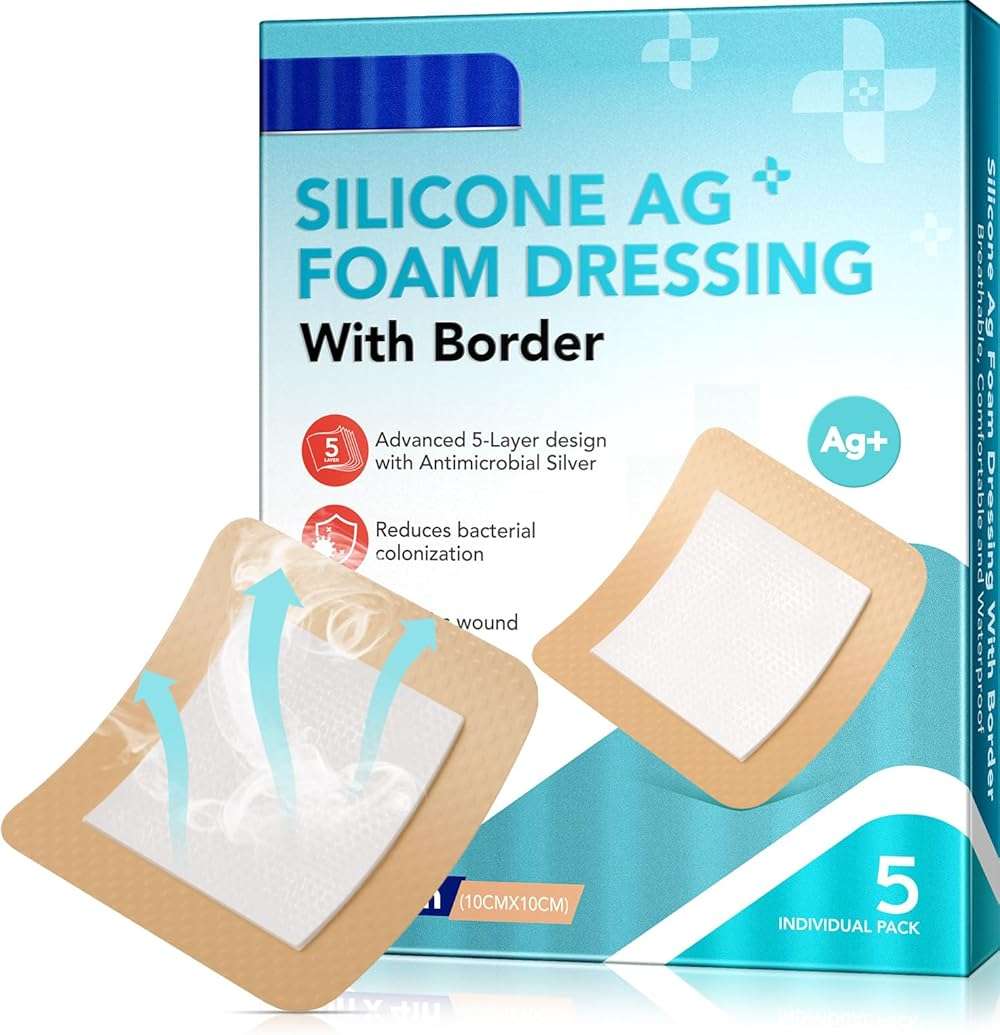 Silicone Foam Dressing, Wound Dressing Pads Various - 5 Packs for Protection from Infection, Hypoallergenic, Breathable, Absorbent for Cuts, Grazes, Ulcers, Sores -10cm x 10cm - Image 1