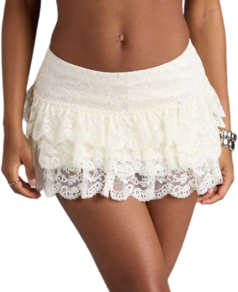 Women Y2K Ruffle Lace Mini Skirt Mesh Layered Tiered Short Skirts Low Rise Pleated Half Slip Skirt Going Out - Image 1
