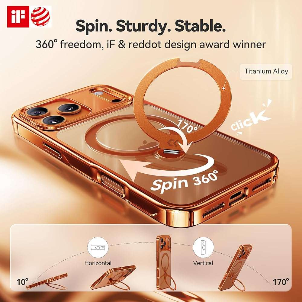 CASEKOO Glossy 360 Spin Magnetic Stand for iPhone 17 Pro Max Case [Fit for MagSafe][17FT Military Protection] Slim Hand-Polished Frame Titanium Alloy Sturdy Stand 6.9", Glossy Cosmic Orange - Image 2