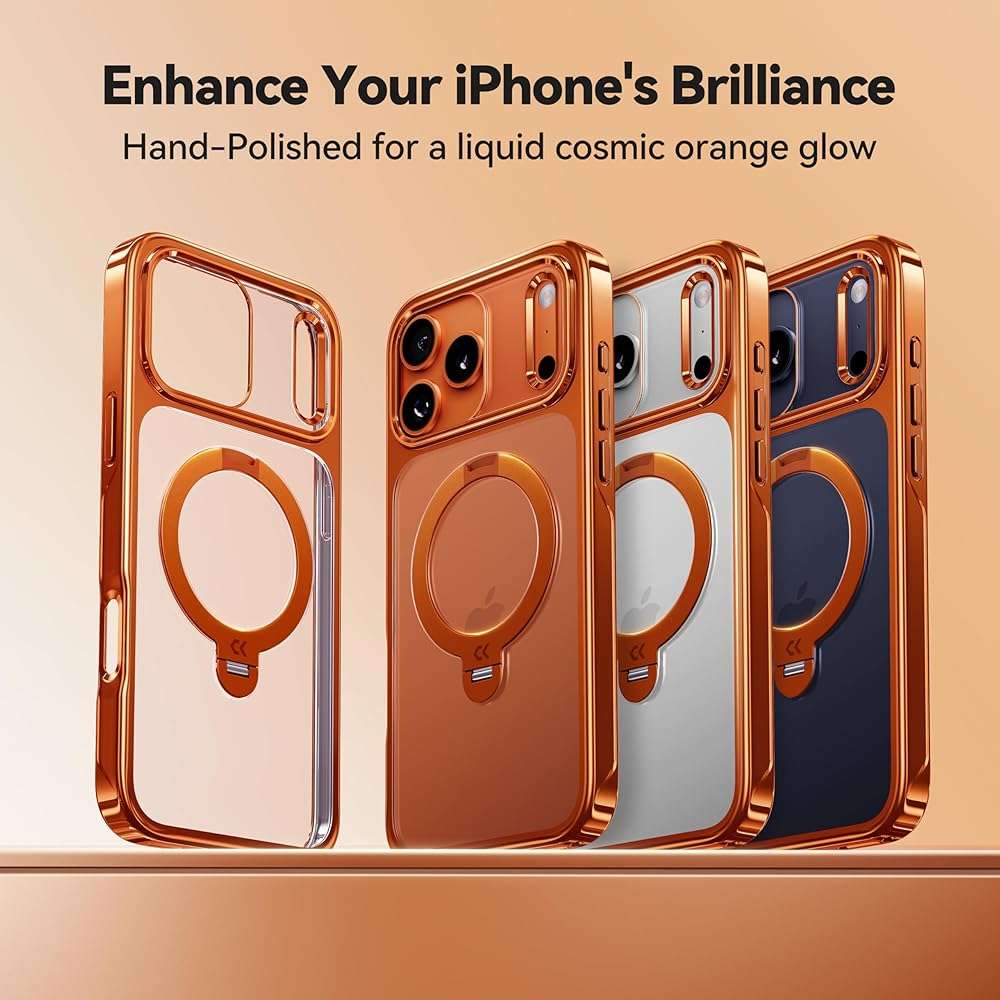 CASEKOO Glossy 360 Spin Magnetic Stand for iPhone 17 Pro Max Case [Fit for MagSafe][17FT Military Protection] Slim Hand-Polished Frame Titanium Alloy Sturdy Stand 6.9", Glossy Cosmic Orange - Image 3