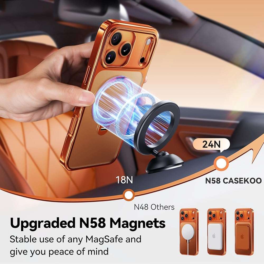 CASEKOO Glossy 360 Spin Magnetic Stand for iPhone 17 Pro Max Case [Fit for MagSafe][17FT Military Protection] Slim Hand-Polished Frame Titanium Alloy Sturdy Stand 6.9", Glossy Cosmic Orange - Image 5