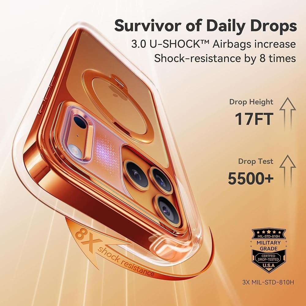 CASEKOO Glossy 360 Spin Magnetic Stand for iPhone 17 Pro Max Case [Fit for MagSafe][17FT Military Protection] Slim Hand-Polished Frame Titanium Alloy Sturdy Stand 6.9", Glossy Cosmic Orange - Image 7