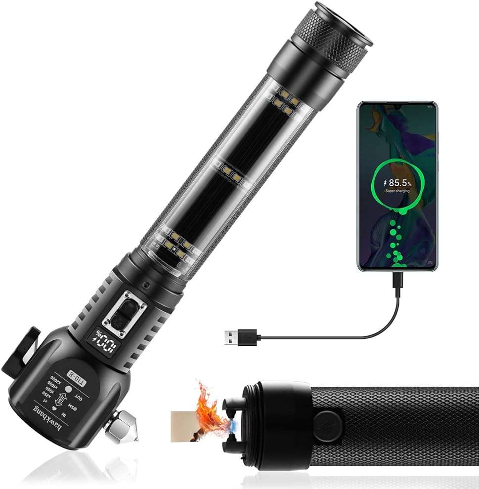 hawkbang 18-in-1 Solar/USB Rechargeable Car Emergency Flashlight Tool - Auto Safety Hammer Glass Breaker, Seatbelt Cutter, Flameless Fire Starter, SOS Alarm, Power Bank, Survival Gear, Driver Gifts - Image 1
