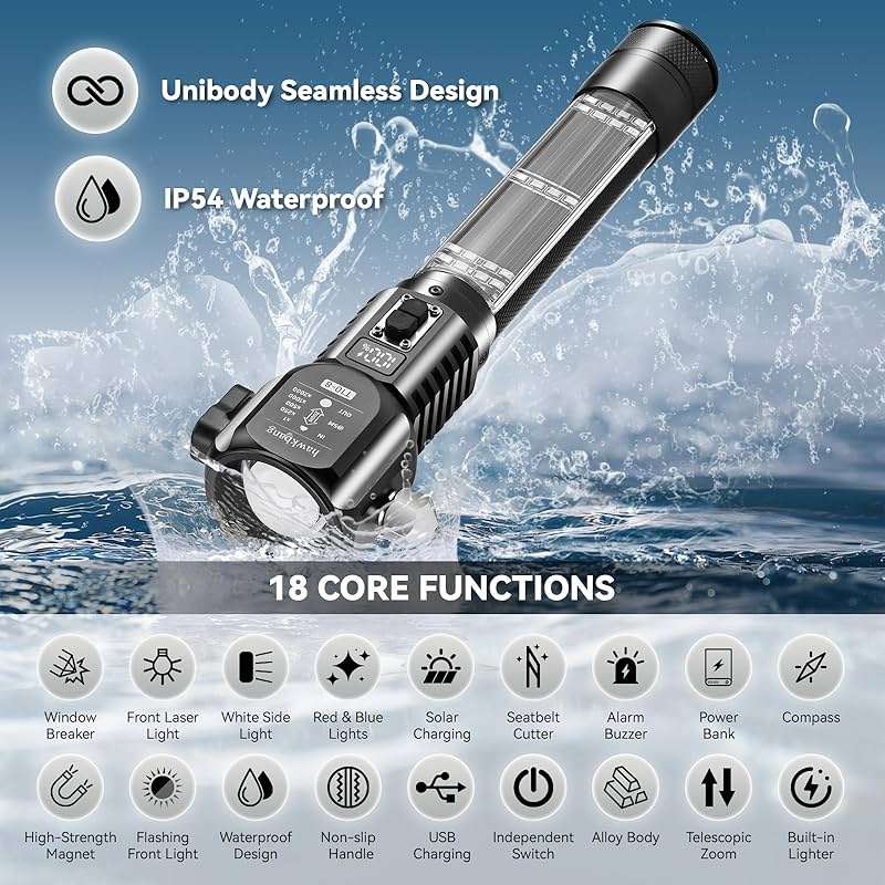 hawkbang 18-in-1 Solar/USB Rechargeable Car Emergency Flashlight Tool - Auto Safety Hammer Glass Breaker, Seatbelt Cutter, Flameless Fire Starter, SOS Alarm, Power Bank, Survival Gear, Driver Gifts - Image 2