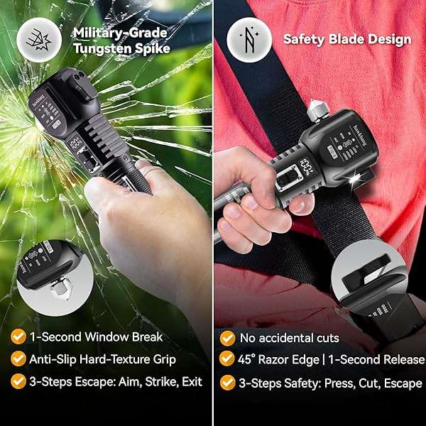 hawkbang 18-in-1 Solar/USB Rechargeable Car Emergency Flashlight Tool - Auto Safety Hammer Glass Breaker, Seatbelt Cutter, Flameless Fire Starter, SOS Alarm, Power Bank, Survival Gear, Driver Gifts - Image 3