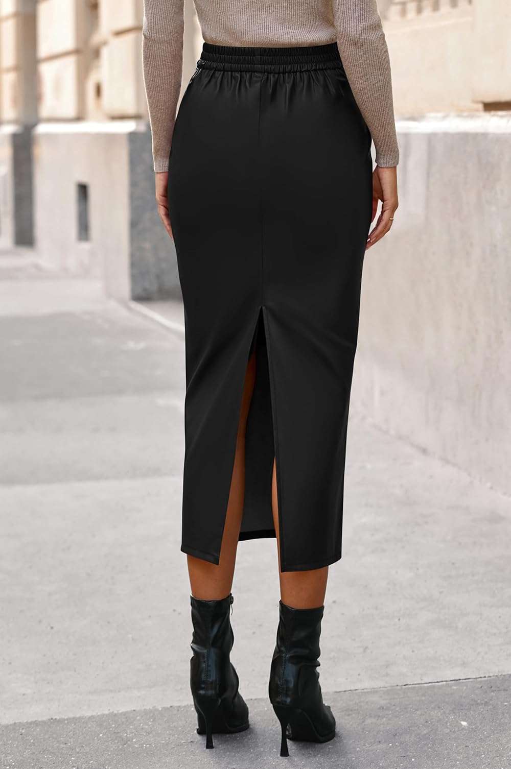 BTFBM Skirts for Women Trendy Spring 2026 Elastic Waist Ruched Bodycon Slit Pencil Midi Leather Skirt Bussiness Casual - Image 3