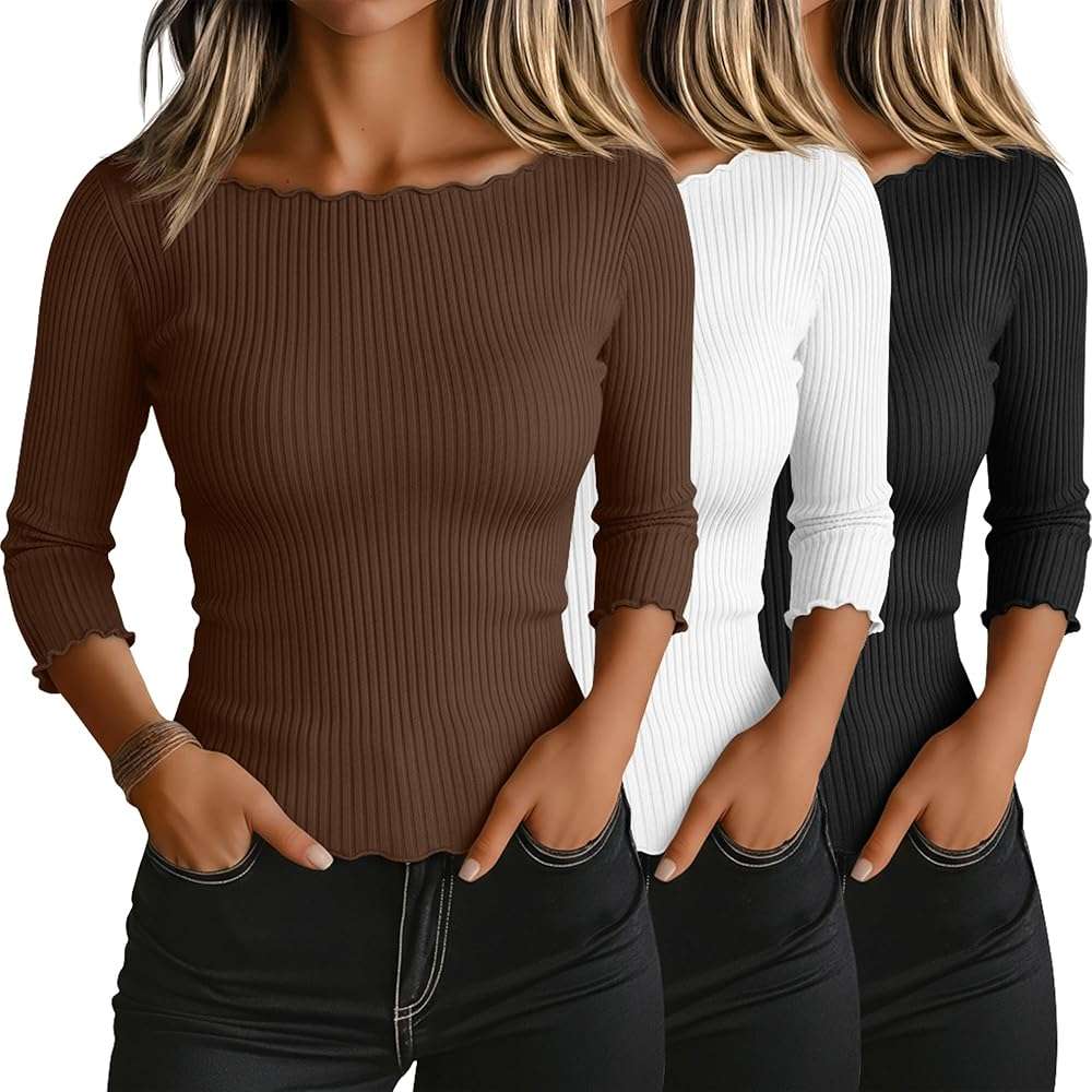 Riyiper 3 Pack Women's 3/4 Length Sleeve Tops Lettuce Trim Ribbed Boat Neck Shirts Half Slim Casual Basic Fitted Tees - Image 1