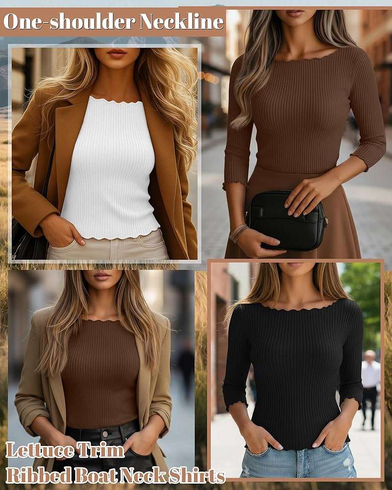 Riyiper 3 Pack Women's 3/4 Length Sleeve Tops Lettuce Trim Ribbed Boat Neck Shirts Half Slim Casual Basic Fitted Tees - Image 2