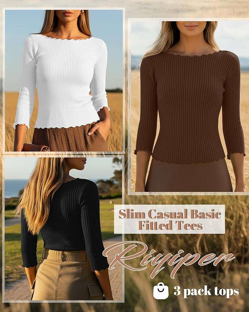 Riyiper 3 Pack Women's 3/4 Length Sleeve Tops Lettuce Trim Ribbed Boat Neck Shirts Half Slim Casual Basic Fitted Tees - Image 3