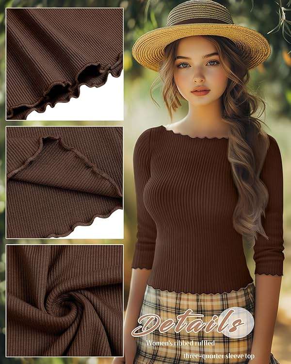 Riyiper 3 Pack Women's 3/4 Length Sleeve Tops Lettuce Trim Ribbed Boat Neck Shirts Half Slim Casual Basic Fitted Tees - Image 4