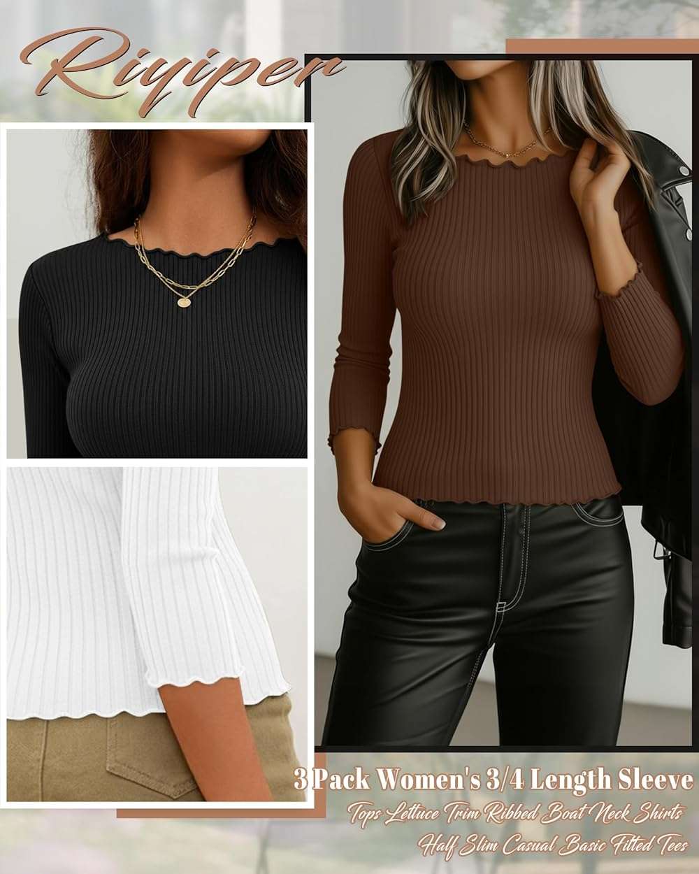 Riyiper 3 Pack Women's 3/4 Length Sleeve Tops Lettuce Trim Ribbed Boat Neck Shirts Half Slim Casual Basic Fitted Tees - Image 5