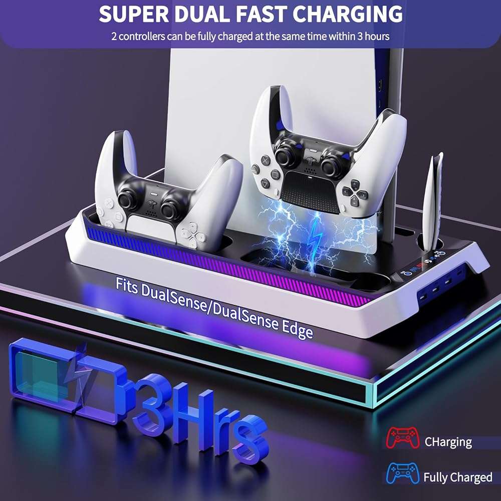 PS5 Cooling Station for PS5/Slim/Pro Disc Digital Console, PS5 Stand Cooling Fan Station with RGB Lights & 3 Level Fan, PS5-Controller Charger, PS5-Accessories with 3 USB Ports, Headset Holder - Image 4