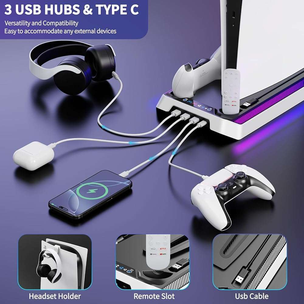 PS5 Cooling Station for PS5/Slim/Pro Disc Digital Console, PS5 Stand Cooling Fan Station with RGB Lights & 3 Level Fan, PS5-Controller Charger, PS5-Accessories with 3 USB Ports, Headset Holder - Image 5