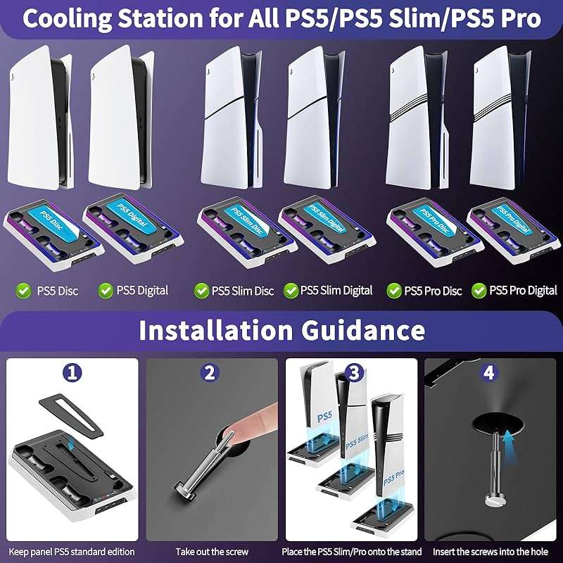 PS5 Cooling Station for PS5/Slim/Pro Disc Digital Console, PS5 Stand Cooling Fan Station with RGB Lights & 3 Level Fan, PS5-Controller Charger, PS5-Accessories with 3 USB Ports, Headset Holder - Image 6
