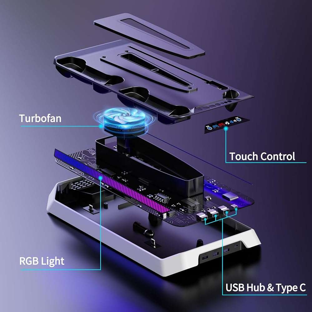 PS5 Cooling Station for PS5/Slim/Pro Disc Digital Console, PS5 Stand Cooling Fan Station with RGB Lights & 3 Level Fan, PS5-Controller Charger, PS5-Accessories with 3 USB Ports, Headset Holder - Image 7
