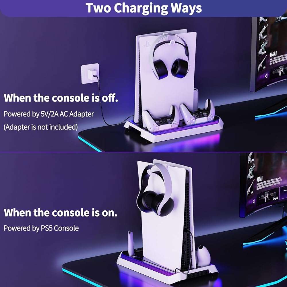 PS5 Cooling Station for PS5/Slim/Pro Disc Digital Console, PS5 Stand Cooling Fan Station with RGB Lights & 3 Level Fan, PS5-Controller Charger, PS5-Accessories with 3 USB Ports, Headset Holder - Image 8