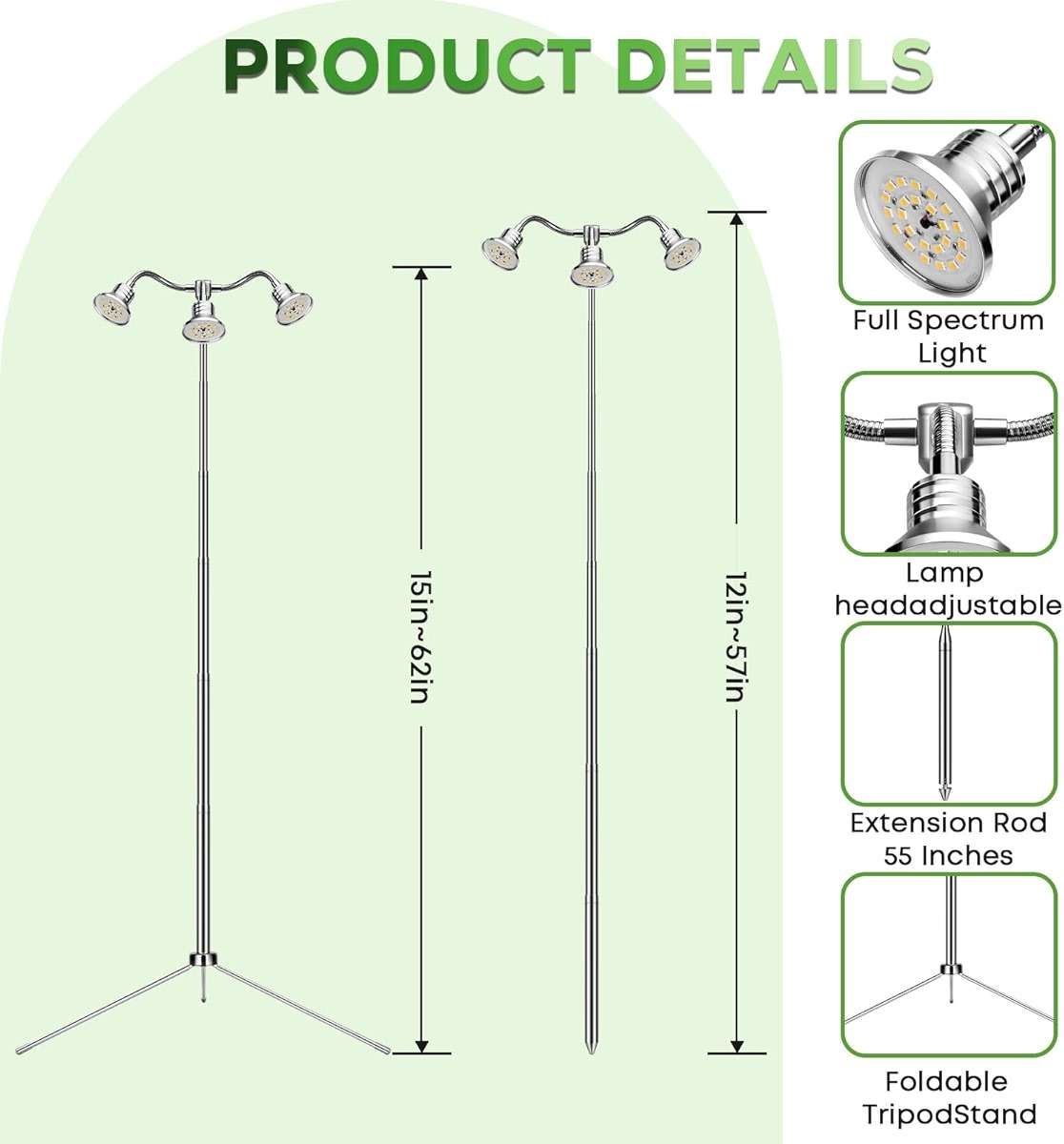 Full Spectrum Grow Lights for Indoor Plants 15-62 Inches Height Adjustable Aluminum Alloy Plant Growing Lamps with Detachable Tripod Stand, Auto On/Off Timer (Full Spectrum, Three Heads) - Image 3