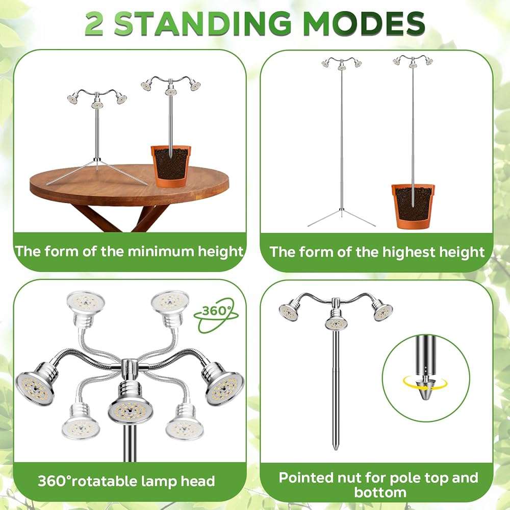 Full Spectrum Grow Lights for Indoor Plants 15-62 Inches Height Adjustable Aluminum Alloy Plant Growing Lamps with Detachable Tripod Stand, Auto On/Off Timer (Full Spectrum, Three Heads) - Image 4