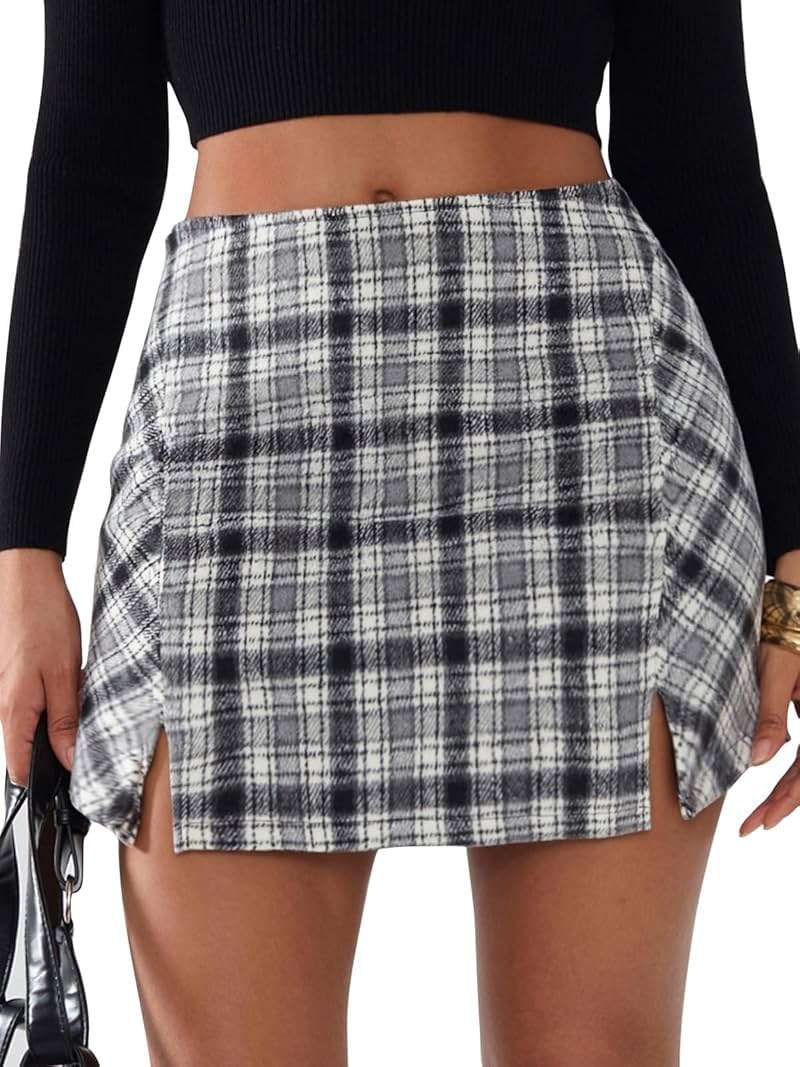 EXLURA Women's Fashion Faux Wool Mini Skirt High Waisted Y2K Trendy Side Slit Tweed Plaid Skirts 2025 Fall Winter Outfits - Image 1