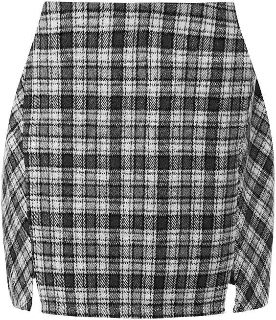 EXLURA Women's Fashion Faux Wool Mini Skirt High Waisted Y2K Trendy Side Slit Tweed Plaid Skirts 2025 Fall Winter Outfits - Image 2