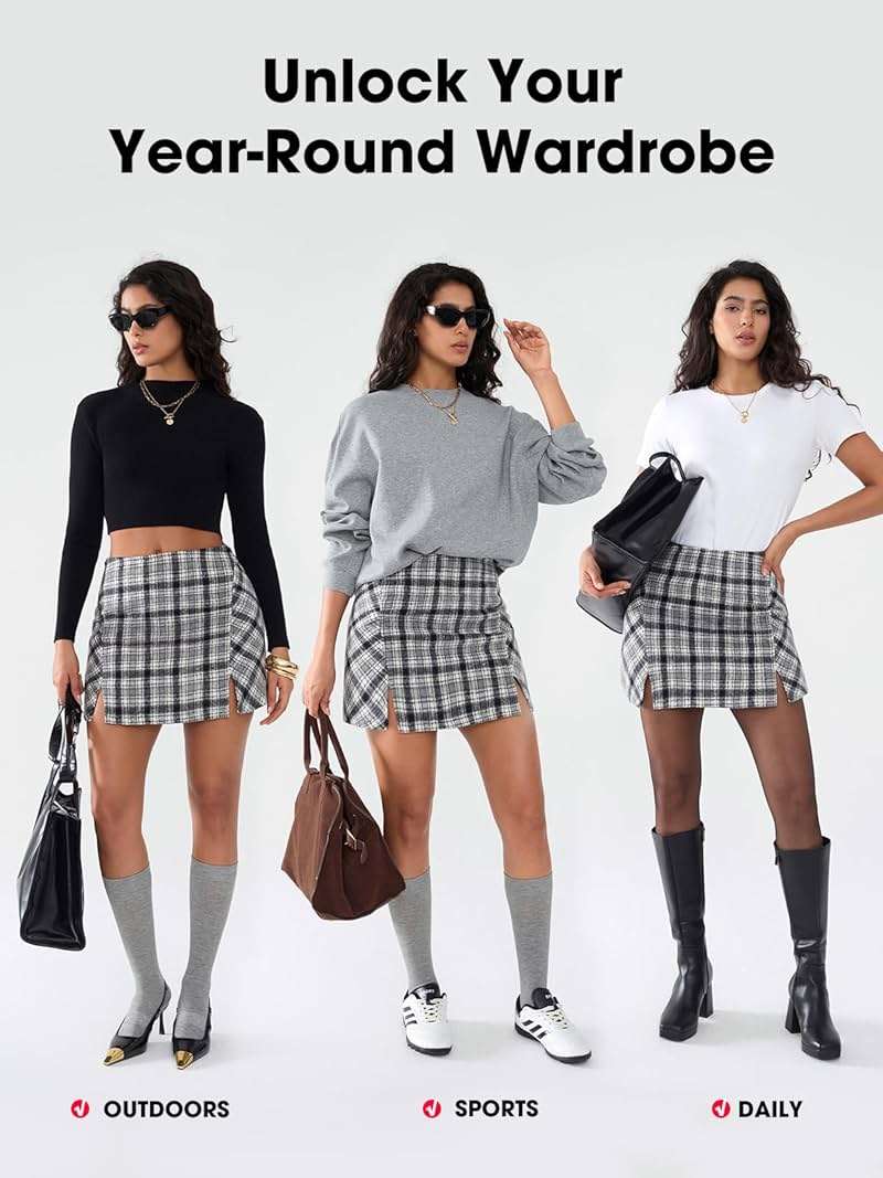EXLURA Women's Fashion Faux Wool Mini Skirt High Waisted Y2K Trendy Side Slit Tweed Plaid Skirts 2025 Fall Winter Outfits - Image 3