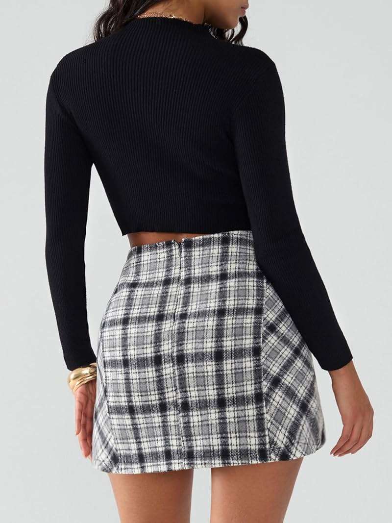 EXLURA Women's Fashion Faux Wool Mini Skirt High Waisted Y2K Trendy Side Slit Tweed Plaid Skirts 2025 Fall Winter Outfits - Image 6
