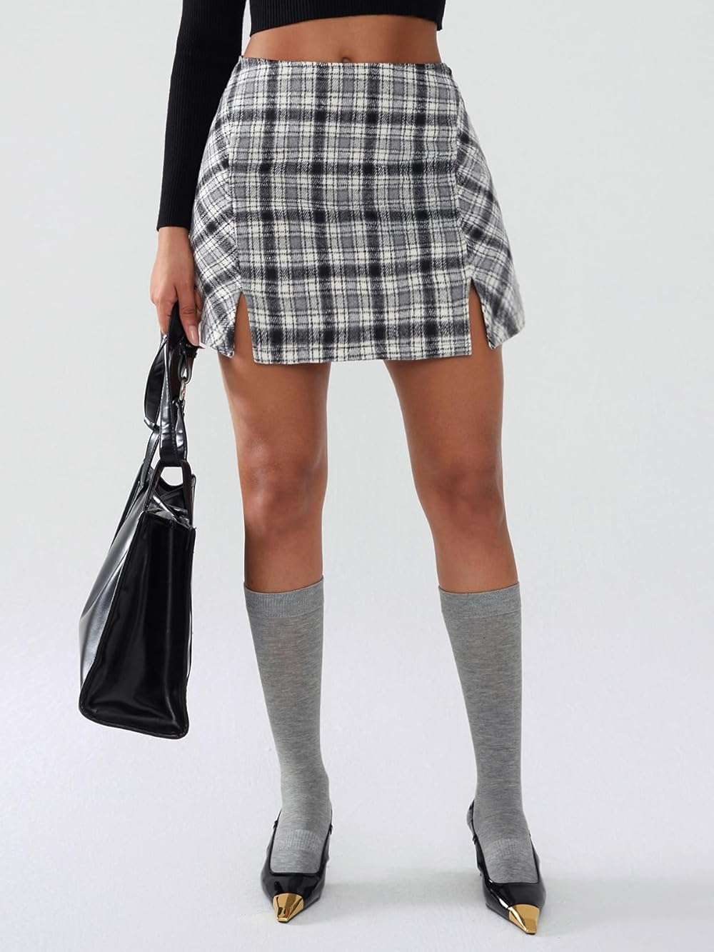 EXLURA Women's Fashion Faux Wool Mini Skirt High Waisted Y2K Trendy Side Slit Tweed Plaid Skirts 2025 Fall Winter Outfits - Image 7