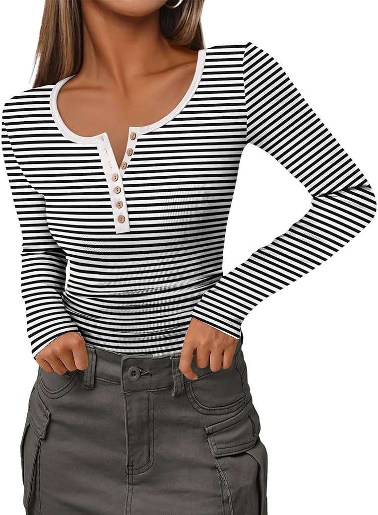 Zeagoo Womens Long Sleeve Henley T Shirts Button Ribbed Knit Slim Fitted Tee Tops Basic Casual Work Blouse XS-XXL - Image 1