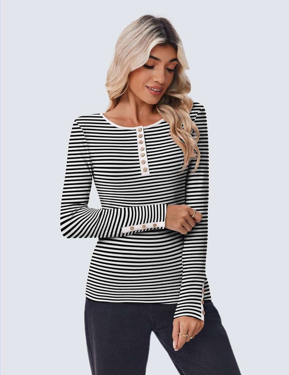 Zeagoo Womens Long Sleeve Henley T Shirts Button Ribbed Knit Slim Fitted Tee Tops Basic Casual Work Blouse XS-XXL - Image 2
