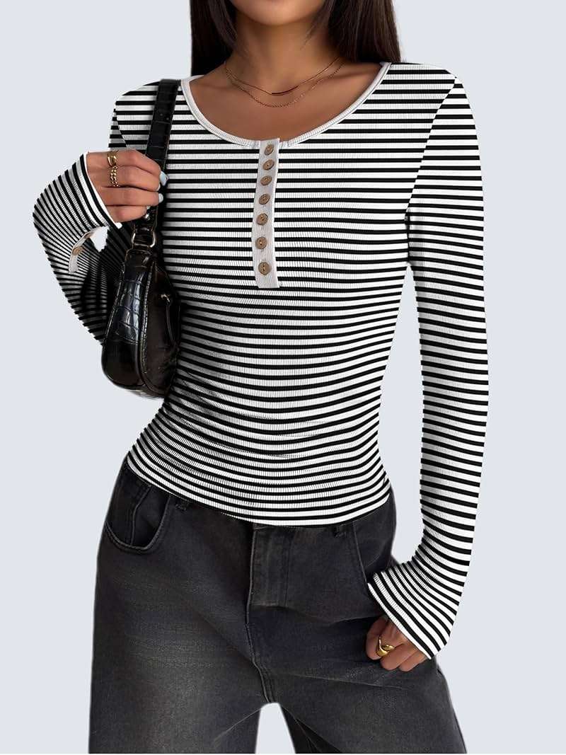 Zeagoo Womens Long Sleeve Henley T Shirts Button Ribbed Knit Slim Fitted Tee Tops Basic Casual Work Blouse XS-XXL - Image 3