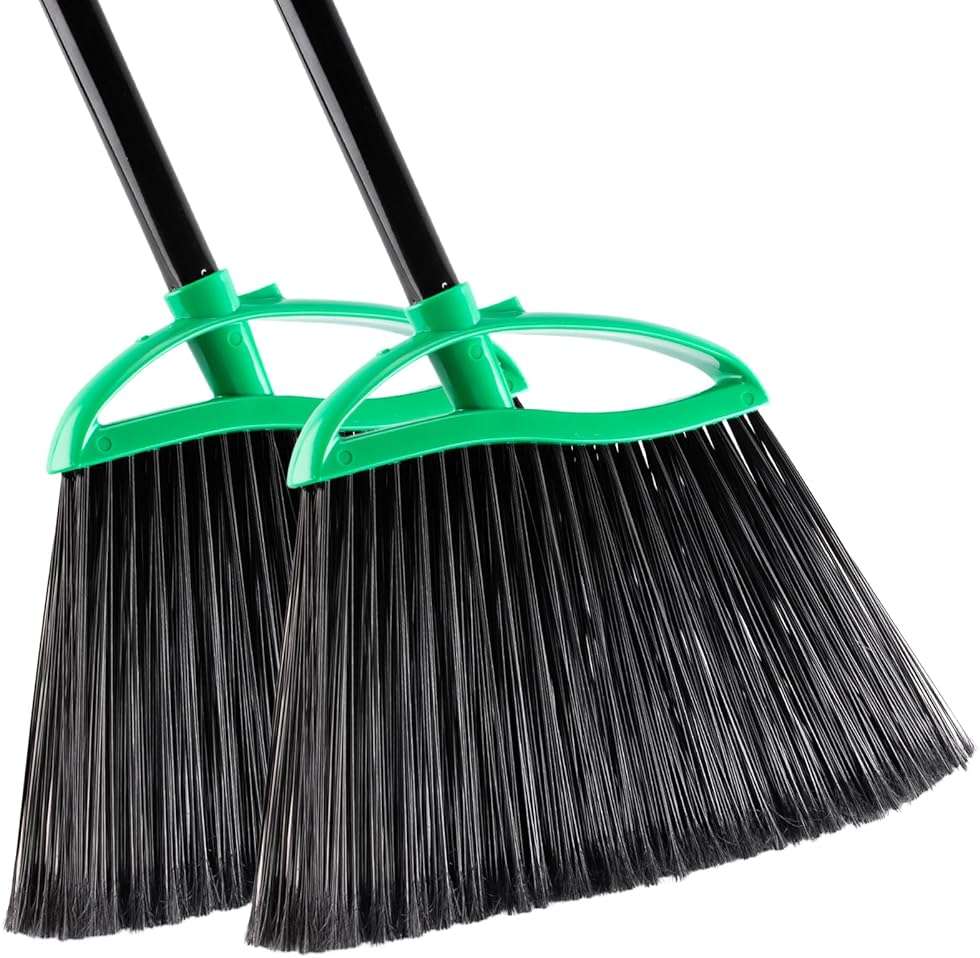 HileSwan 2 Pack Heavy Duty Brooms, 55" Long Handle Indoor Outdoor Angle Broom Set, Household Commercial Floor Cleaning, for Sweeping Home, Kitchen, Deck, Garage, Patio - Green - Image 1