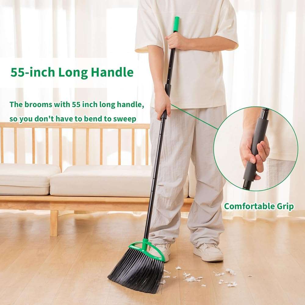 HileSwan 2 Pack Heavy Duty Brooms, 55" Long Handle Indoor Outdoor Angle Broom Set, Household Commercial Floor Cleaning, for Sweeping Home, Kitchen, Deck, Garage, Patio - Green - Image 4