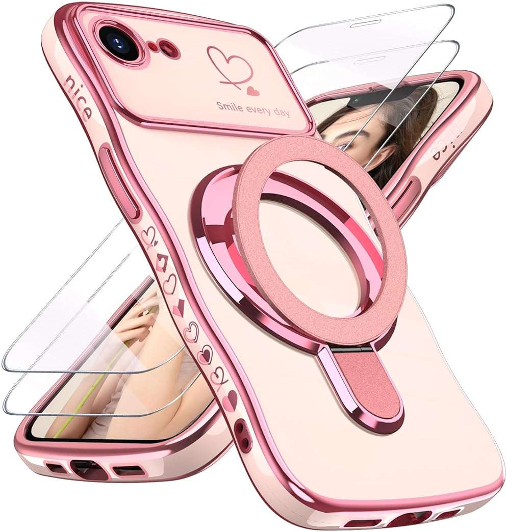 Liufcx for iPhone 17e/16e Case with Screen Protector: Luxury Plated Gold Cute Wavy Edge Love Heart Pattern Kickstand Case, Slim Soft TPU Woman Girls Protection Cover for iPhone 16e/17e (Pink) - Image 1