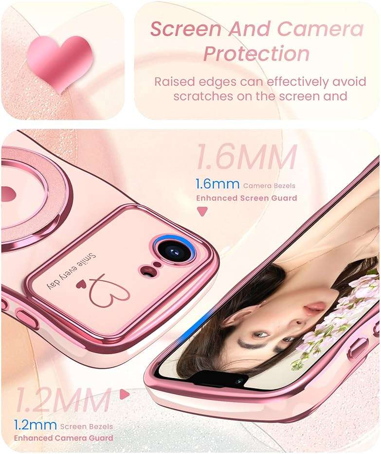 Liufcx for iPhone 17e/16e Case with Screen Protector: Luxury Plated Gold Cute Wavy Edge Love Heart Pattern Kickstand Case, Slim Soft TPU Woman Girls Protection Cover for iPhone 16e/17e (Pink) - Image 3