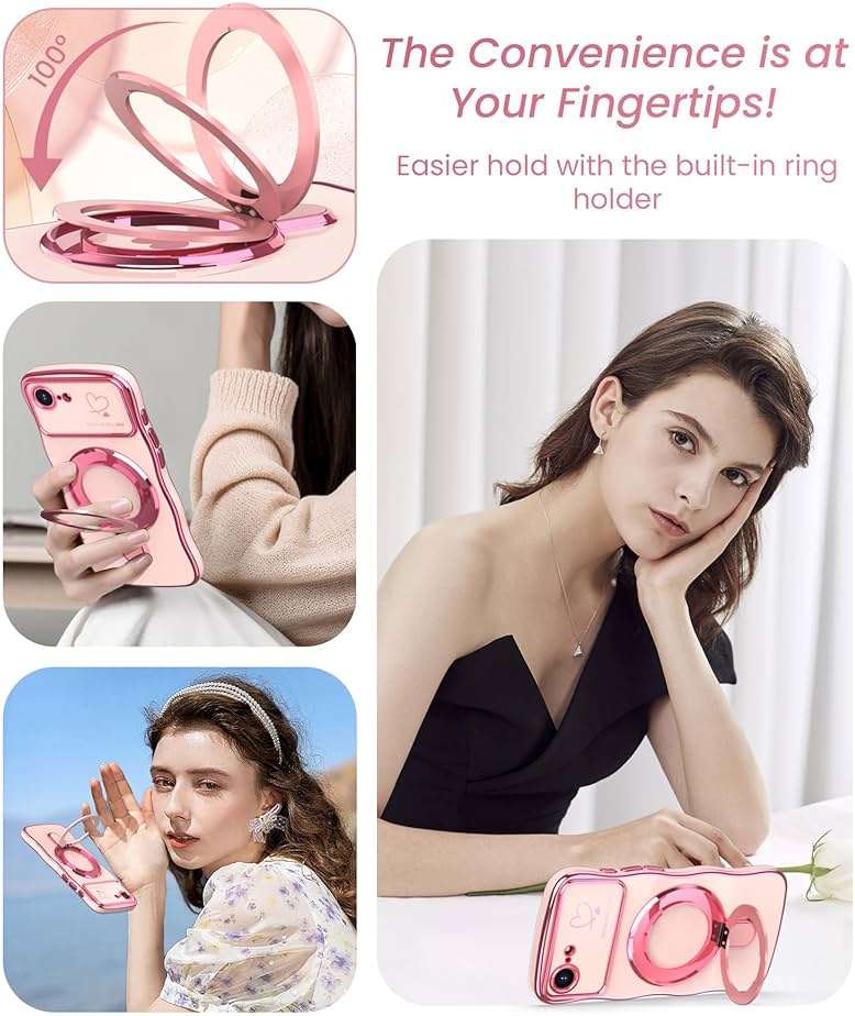 Liufcx for iPhone 17e/16e Case with Screen Protector: Luxury Plated Gold Cute Wavy Edge Love Heart Pattern Kickstand Case, Slim Soft TPU Woman Girls Protection Cover for iPhone 16e/17e (Pink) - Image 4