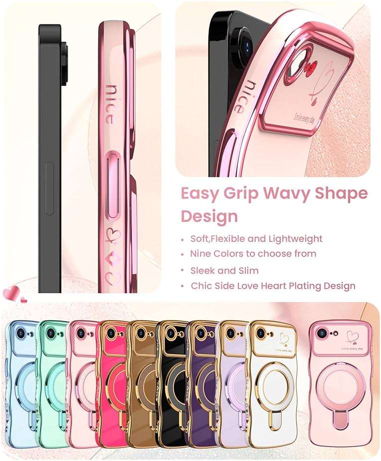 Liufcx for iPhone 17e/16e Case with Screen Protector: Luxury Plated Gold Cute Wavy Edge Love Heart Pattern Kickstand Case, Slim Soft TPU Woman Girls Protection Cover for iPhone 16e/17e (Pink) - Image 5