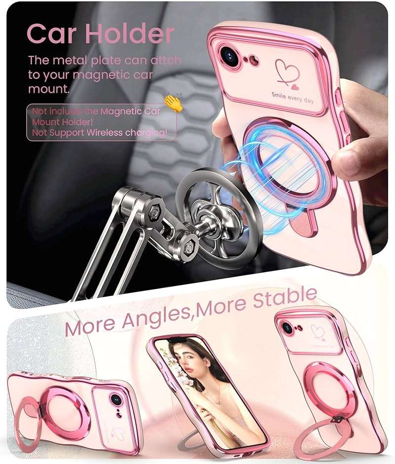 Liufcx for iPhone 17e/16e Case with Screen Protector: Luxury Plated Gold Cute Wavy Edge Love Heart Pattern Kickstand Case, Slim Soft TPU Woman Girls Protection Cover for iPhone 16e/17e (Pink) - Image 6