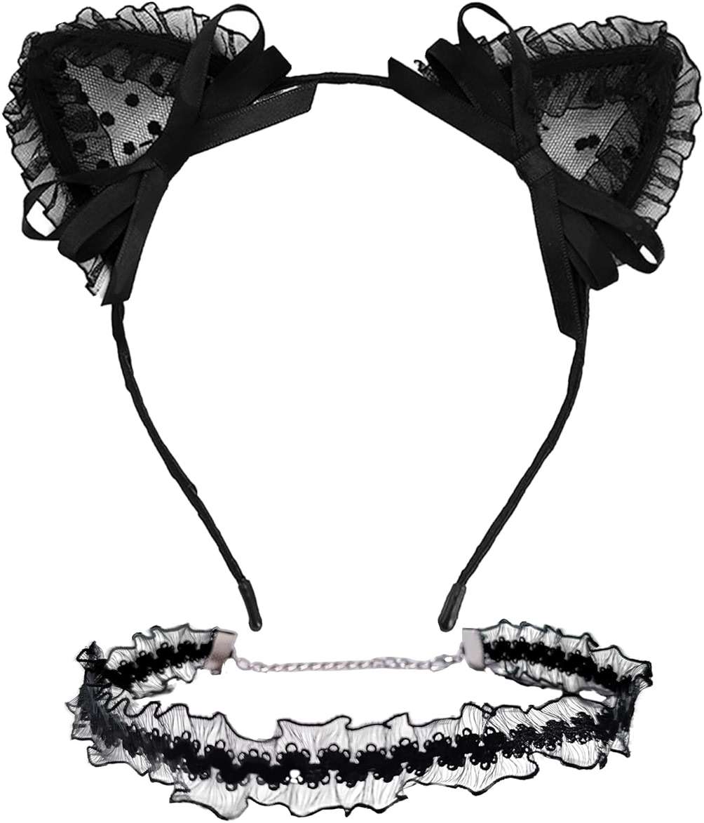 Villorem 2Pcs Black Lace Cat Ear Headband & Collar for Women, Halloween Fancy Dress Cosplay Party Role Play Cats Costume Accessory - Image 1