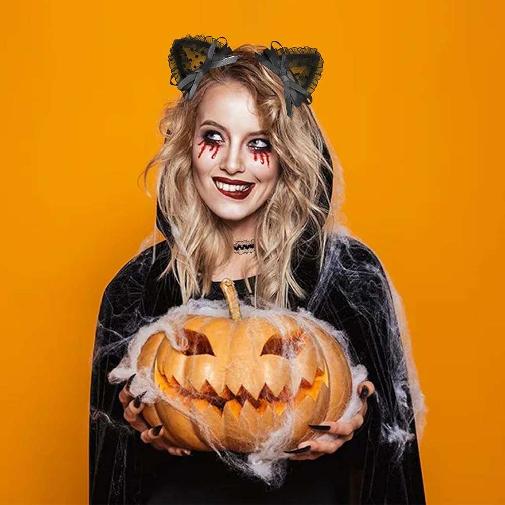 Villorem 2Pcs Black Lace Cat Ear Headband & Collar for Women, Halloween Fancy Dress Cosplay Party Role Play Cats Costume Accessory - Image 8